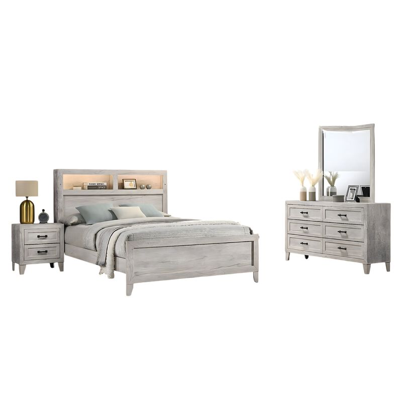 Miot 4pc Queen Bedroom Set, Headboard Shelves w Light, Whitewash image number 0