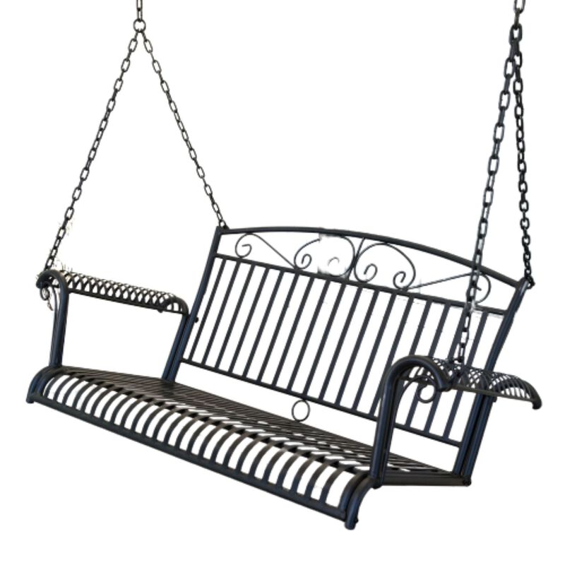 QuikFurn Wrought Iron Outdoor Patio 4-Ft Porch Swing in Black