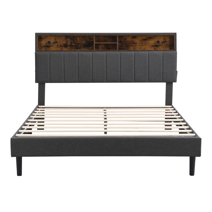 Queen Size Upholstered Platform Bed with Storage Headboard and USB Port, Linen Fabric Upholstered Bed