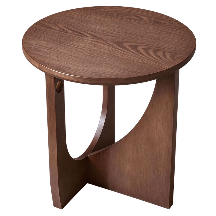 Solid Wood Round Side Table, Sculpted Rubberwood Accent Piece, Walnut Finish