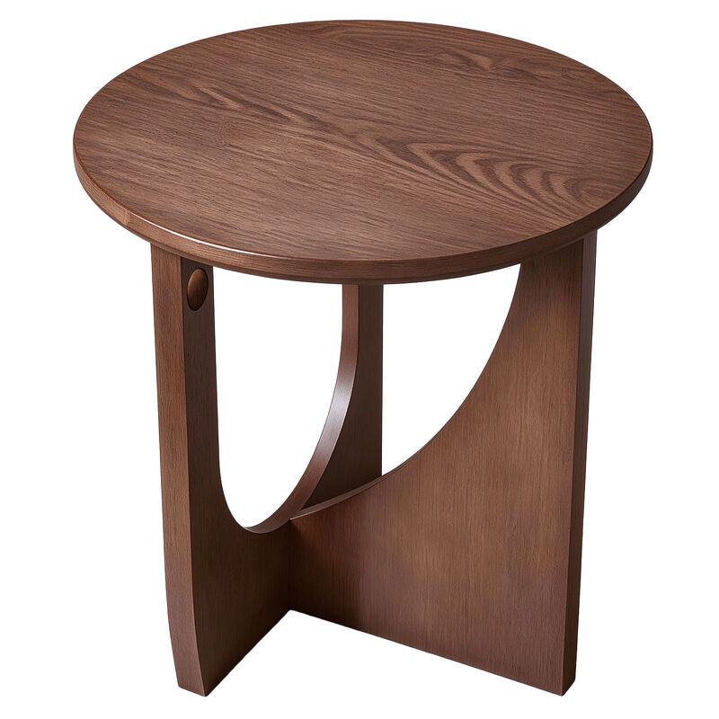 Solid Wood Round Side Table, Sculpted Rubberwood Accent Piece, Walnut Finish image number 0