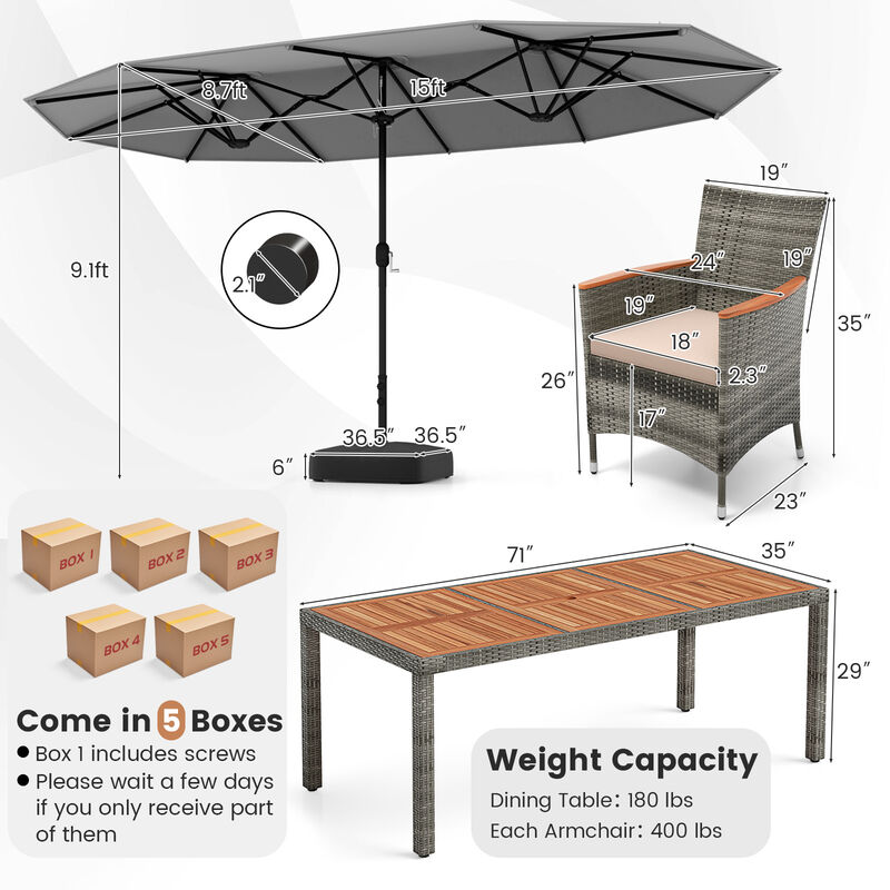 10 Pieces Patio Wicker Dining Set with Double-Sided Patio Umbrella image number 4