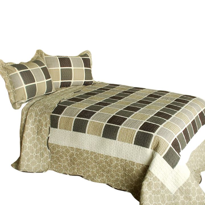 Queen Size 3-Piece Cotton Vermicelli Quilted Printed Quilt Set with Matching Shams