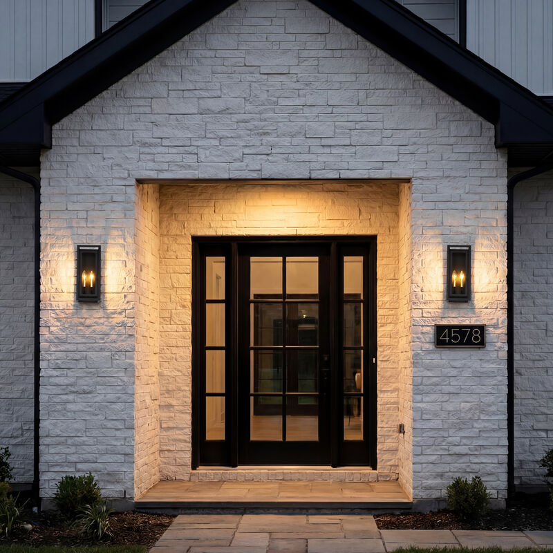 2-Pack 15 in. Traditional Farmhouse Sand Black and Gold 2-Light Outdoor Wall Lanterns with Clear Glass image number 5