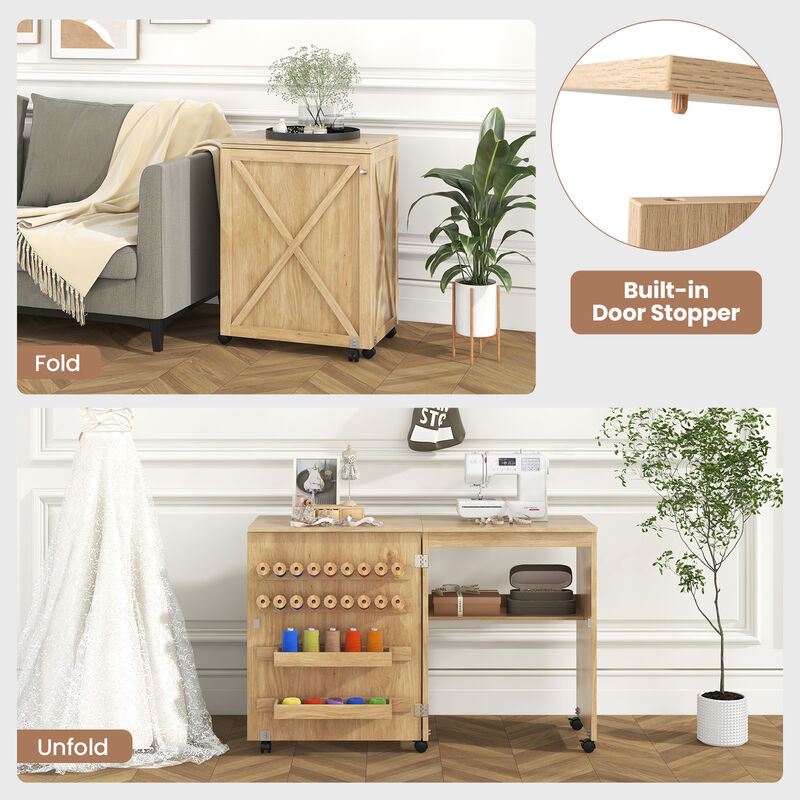 Folding Sewing Table with Storage Shelf and 5 Lockable Wheels for Craft Room Mobility