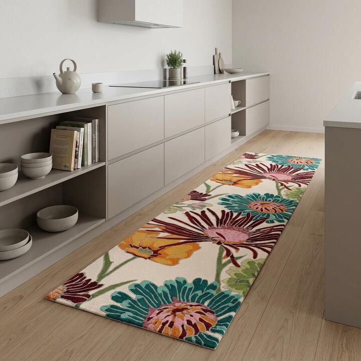 HomeRoots Floral Hand Carved Handmade Runner Rug