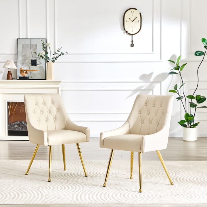 Set of 2 Faux Leather Dining Chairs Diamond Tufted Open Back Side Chairs with Metal Handle Spring and Foam Cushioned Accent Chairs