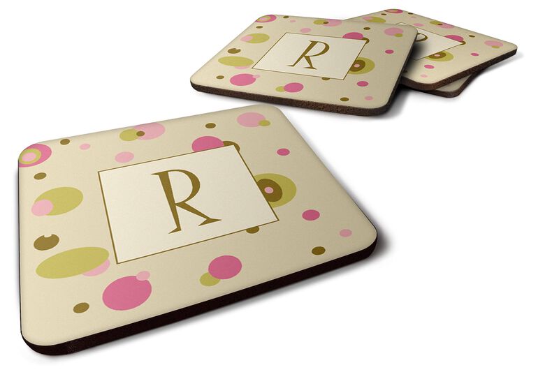 Caroline's Treasures CJ1004-RFC Monogram-Tan Dots Foam Coasters (Set of 4), Initial Letter R, 3.5 H x 3.5 W, Multicolor