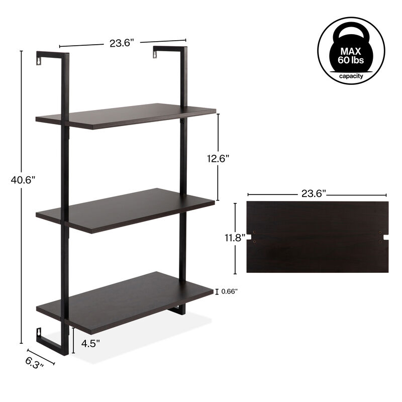 Madera  Industrial 3-Shelf Wood Wall-Mounted Open Ladder Bookcase