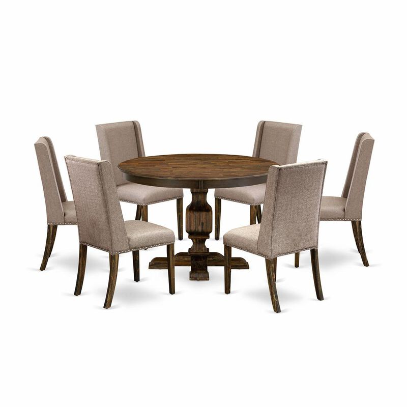 East West Furniture 7 Piece Dining Table Set Contains a Wooden Dining Table and 6 Dark Khaki Linen Fabric Dining Room Chairs with High Back - Distressed Jacobean Finish
