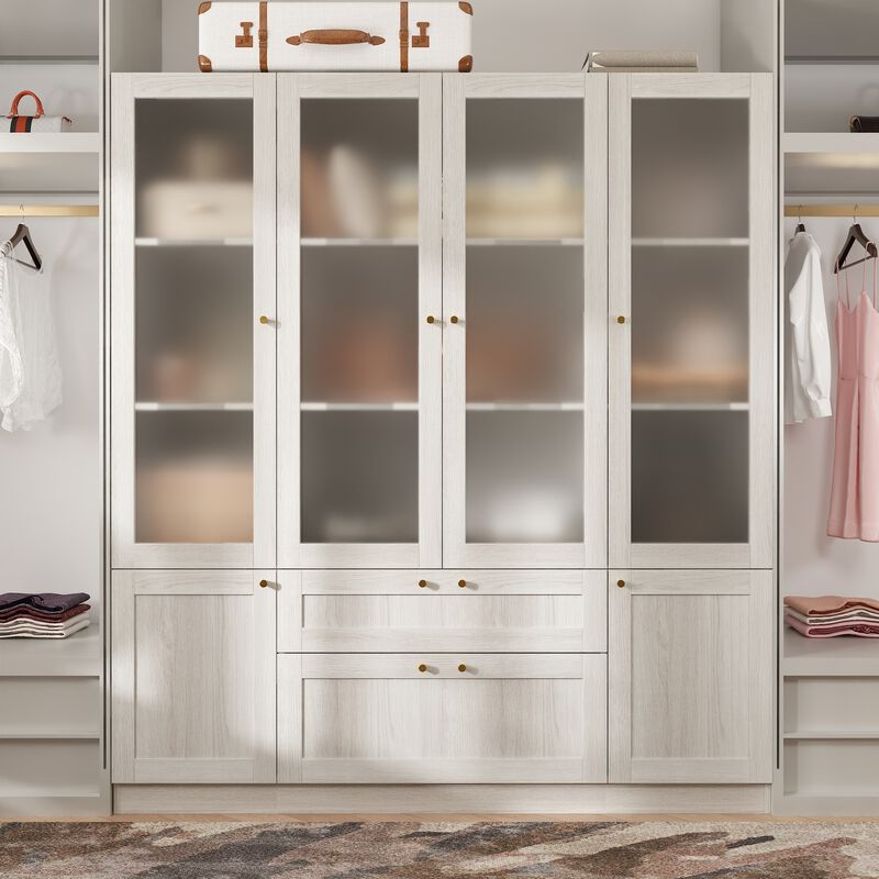 FUFU&GAGA Modern Wood Grain Wardrobe with Adjustable Shelves and Lockable Drawers (63" W x 70.9" H x 15.7" D), Glass Doors and Brass Pull Handles