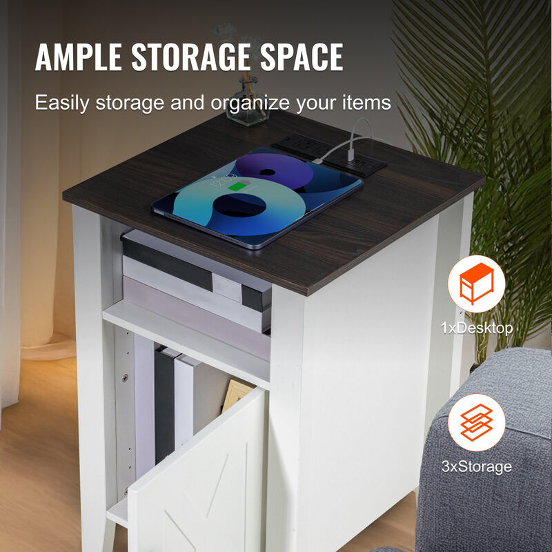 Set of 2 Farmhouse End Table With USB Ports and Outlets For Living Room