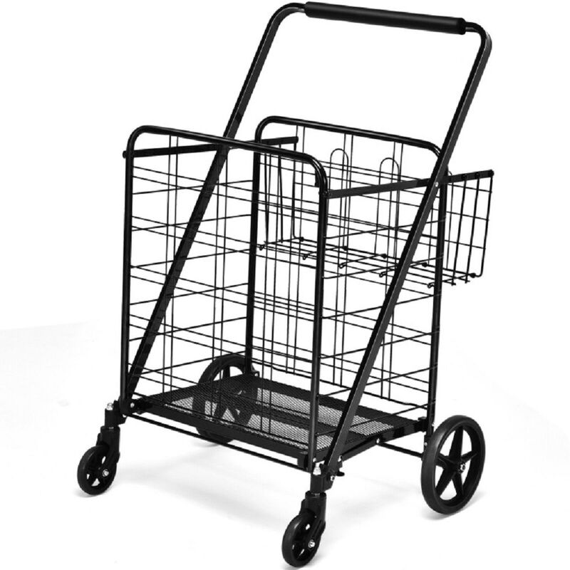 Folding Shopping Cart Basket Rolling Trolley with Adjustable Handle