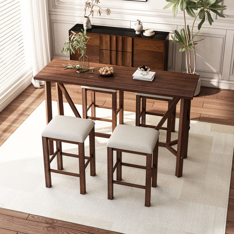 Modern 5Piece Dining Table Set with Power Outlets, Bar Kitchen Table Set with Upholstered Stools, Easy Assemble, Walnut Table+Beige Stool