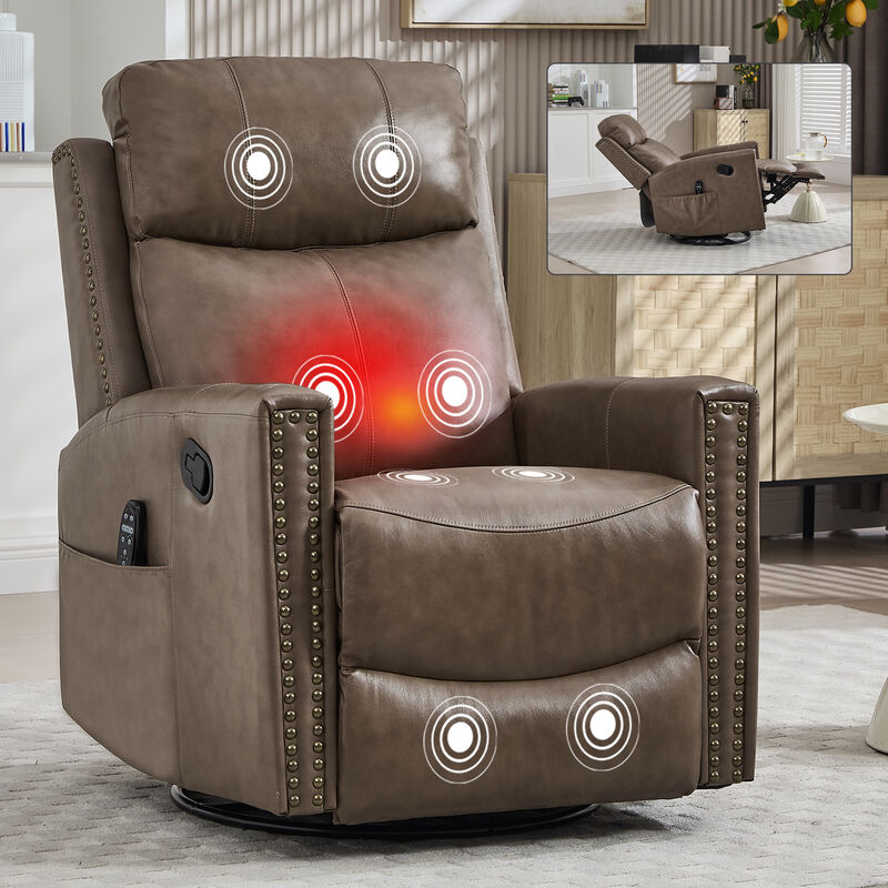 Gnuine Leather Heat Massage Manual Recliner Chair with Rocker and Swivel image number 1
