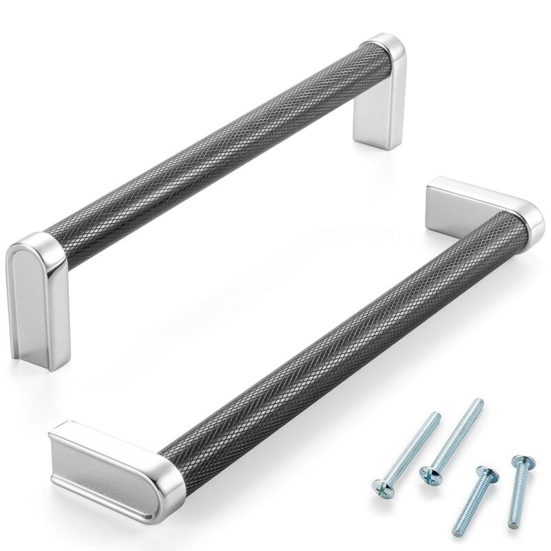 ASKANO 6-1/4 Inch Hole Centers, Black & Chrome Knurled Bar Kitchen Cabinet Pull Handle AP1312 | Pack of 5, Solid Hardware for Dr