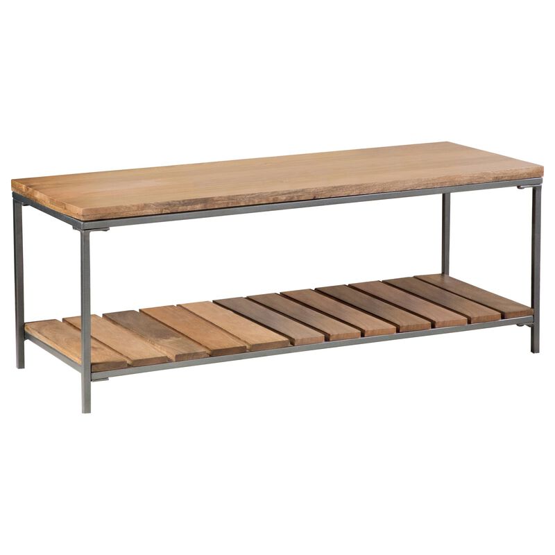 Accent Bench with 1 Slatted Shelf and Tubular Metal Legs,  Natural Brown-Benzara image number 1