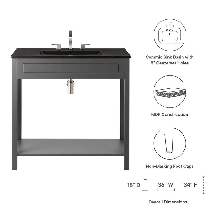 Modway Altura 36" MDF Ceramic and Particleboard Bathroom Vanity in Gray/Black