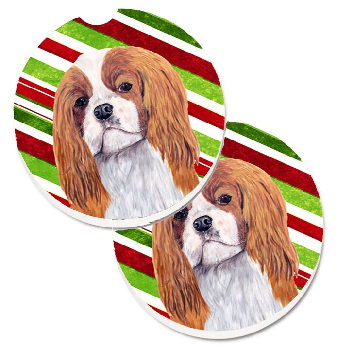 Caroline's Treasures Cavalier Spaniel Candy Cane Holiday Christmas Set of 2 Cup Holder Car Coasters SC9354CARC, 2.56, Multicolor