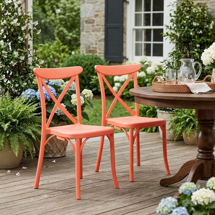 HomeRoots Set of Two Salmon Heavy Duty Plastic Outdoor Stacking Dining Chairs