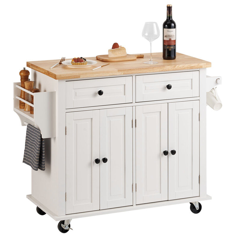 Rolling Kitchen Island Cart with Wood Top, Drawer, Cabinet, Spice & Towel Rack