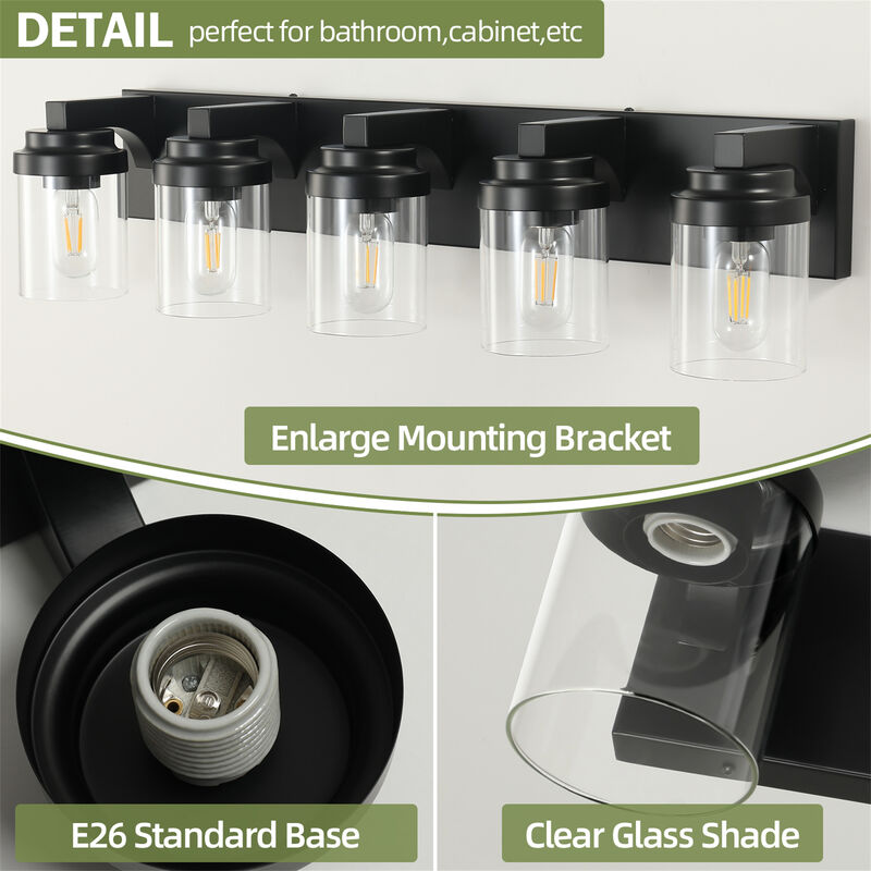 30.8 in. 5-Light Matte Black Wall Sconce with Clear Glass Shade image number 3