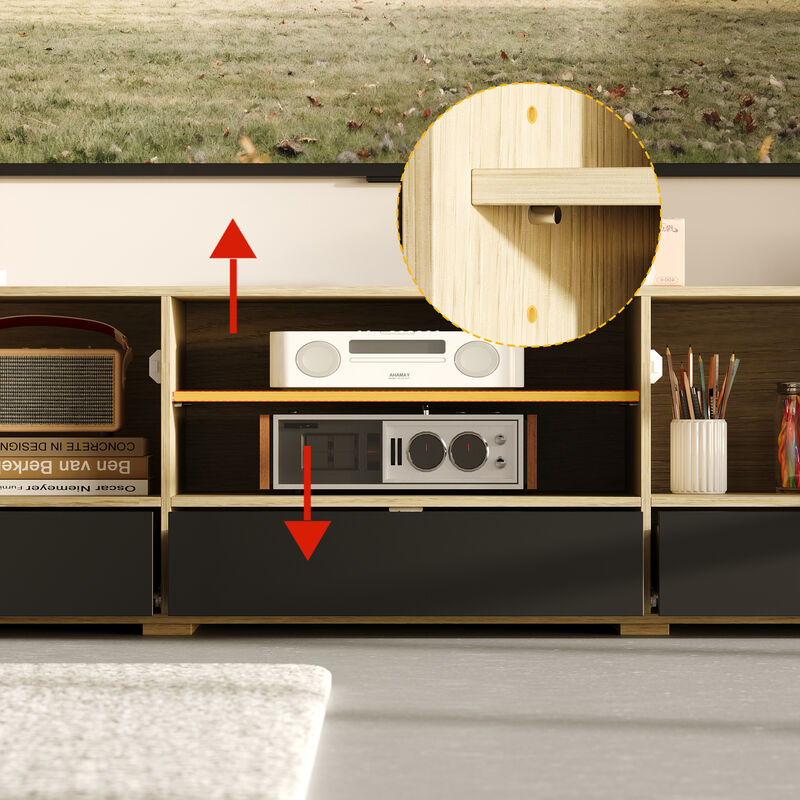 FUFU&GAGA Entertainment Wall Unit with 69" TV Console, Wall-Mounted Cabinets, Glass Doors, (92.7"W x 80.1"H x 15.7"D), Grey & Natural Wood Finish