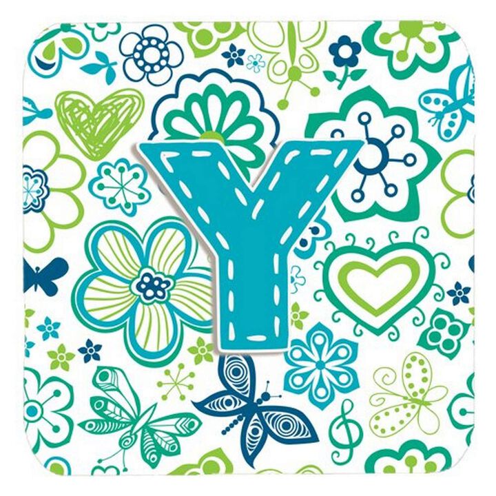 Caroline's Treasures CJ2006-YFC Letter Y Flowers and Butterflies Teal Blue Foam Coasters (Set of 4), 3.5, Multicolor