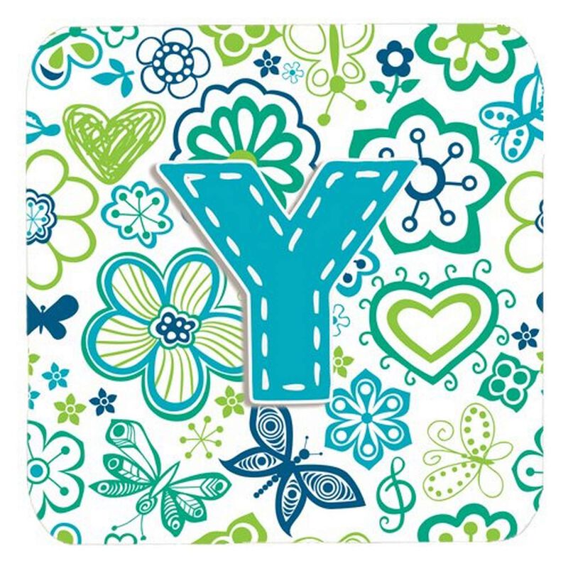 Caroline's Treasures CJ2006-YFC Letter Y Flowers and Butterflies Teal Blue Foam Coasters (Set of 4), 3.5, Multicolor