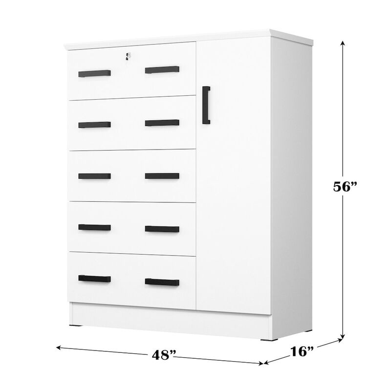 Better Home Products JCF Sofie 5 Drawer Wooden Tall Chest Wardrobe in White