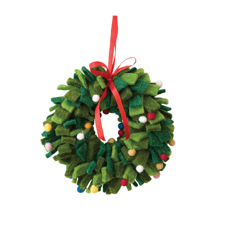 Round Handmade Wool Felt Wreath Ornament with Multicolor Pom Poms, Green