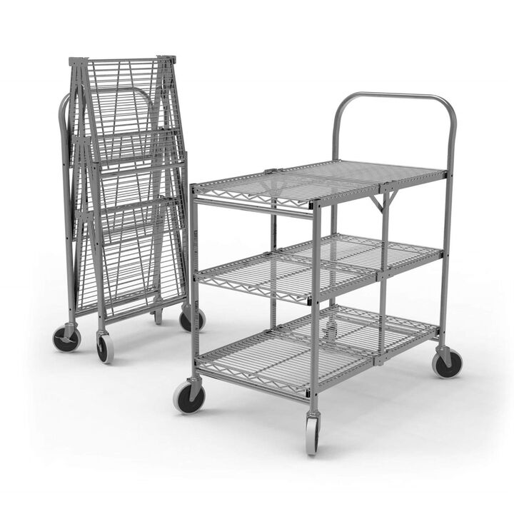 Ergode Collapsible Steel Wire Utility Supply Cart with 3 Shelf, Single-Grab Handle in Polished Chrome Finish - Ideal for Restaurants, Kitchens and Cafe