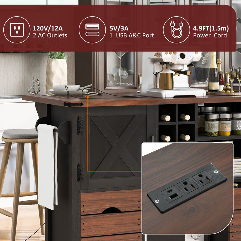 ELEMENT ACE Farmhouse Kitchen Island Cart with Foldable Leaf, Built-In Power Outlet, Ample Storage Drawers and Cabinets image number 5