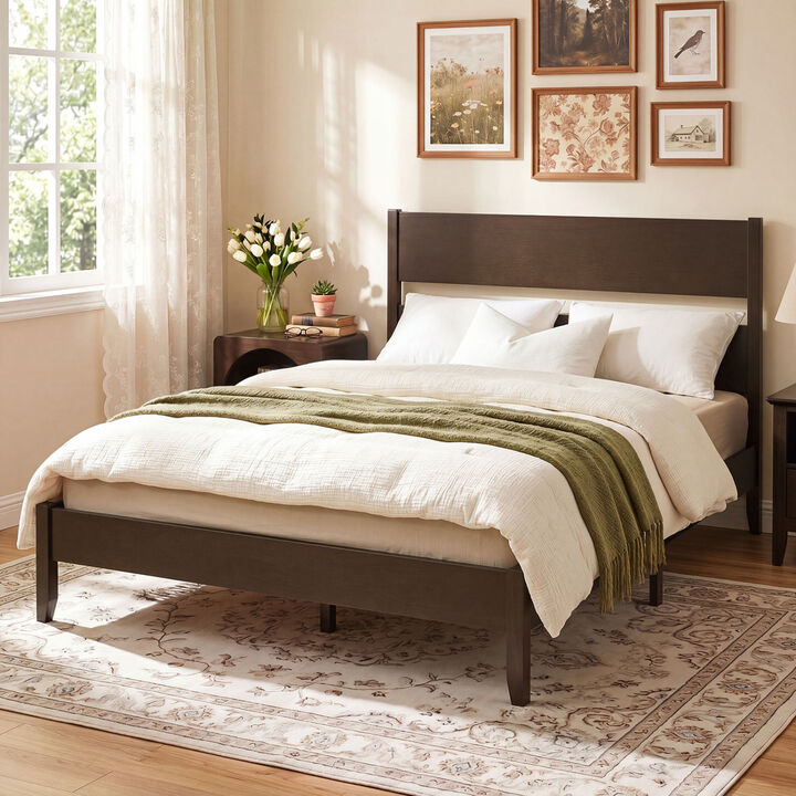 Wood Bed Frame with Headboard Solid Wood Legs and 12 Support Slats for Bedroom