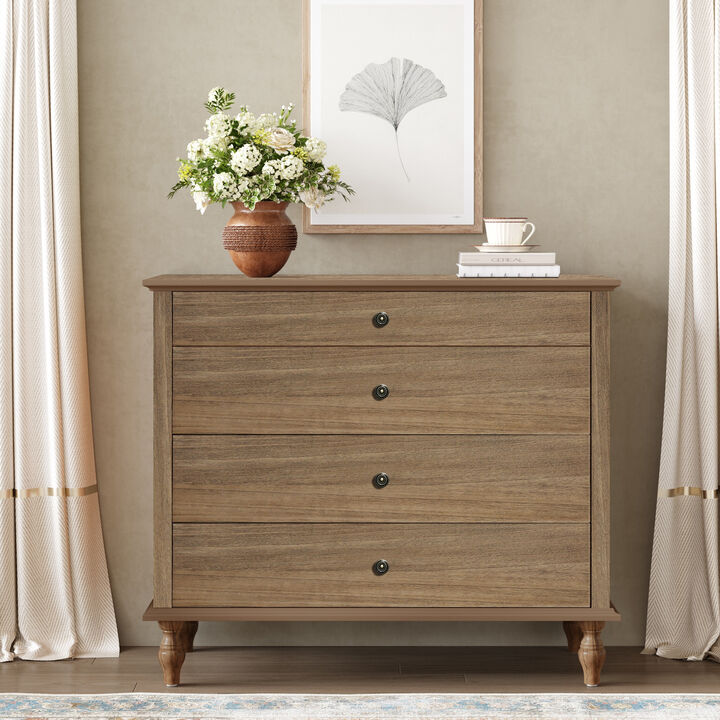 4-Drawer Dresser Chest with Solid Wood Feet, Antique Rustic Storage Cabinet with Metal Knobs for Bedroom, Nursery, Hallway