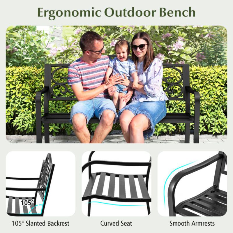 Hivvago 50 Inches Outdoor Garden Bench with Floral Design Backrest and Slatted Seat