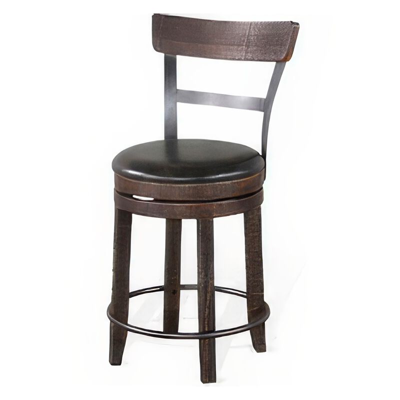Flint Swivel Counter Stool Chair Set of 2, Black Faux Leather, Brown - Benzara