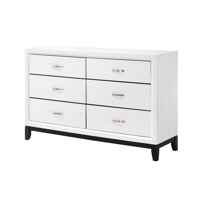 Ameya 58 Inch Wide Dresser, 6 Drawers Chrome, White Melamine, Black - Benzara