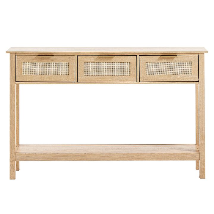 Wood and Rattan Console Table – 3 Drawer Entry Table with Sliding Door for Foyer, Hallway or Apartment Living