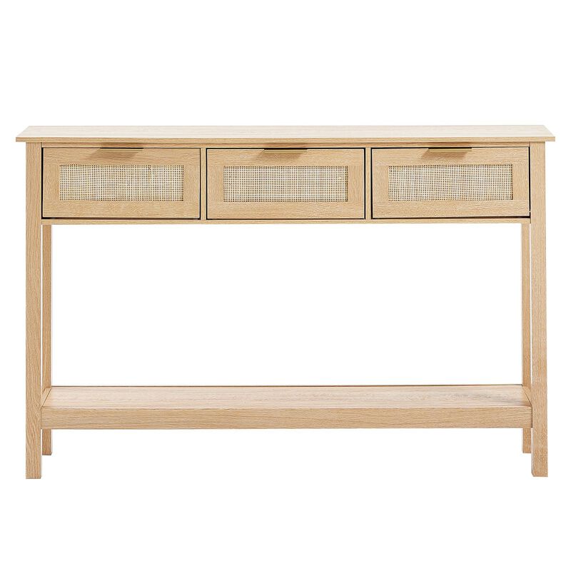 Wood and Rattan Console Table – 3 Drawer Entry Table with Sliding Door for Foyer, Hallway or Apartment Living