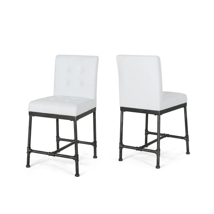 Bruke Counter Height Chair Set of 2, White Tufted Faux Leather, Metal - Benzara