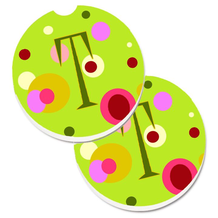 Caroline's Treasures Letter T Monogram - Lime green Set of 2 Cup Holder Car Coasters CJ1010-TCARC, 2.56, Multicolor