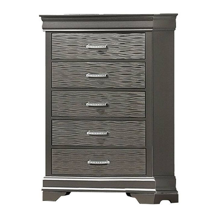 Jean Tall Dresser Chest, 5 Drawers, Chrome, Dark Gray Solid Wood - Benzara