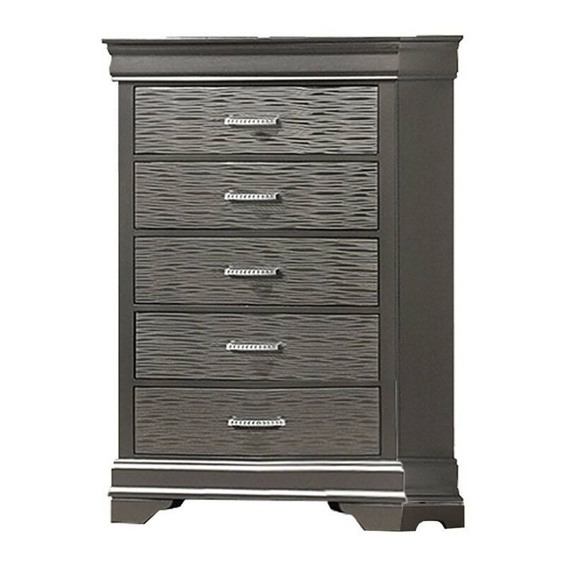 Jean Tall Dresser Chest, 5 Drawers, Chrome, Dark Gray Solid Wood - Benzara