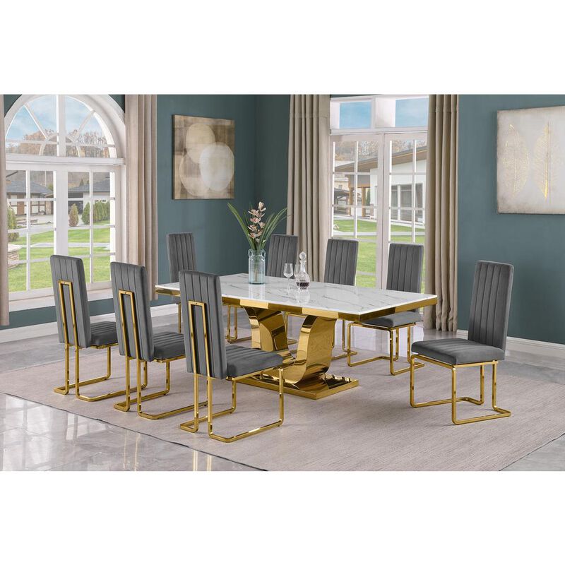 9pc Large(78") marble top dining set with gold base and 8 Dark grey side chairs