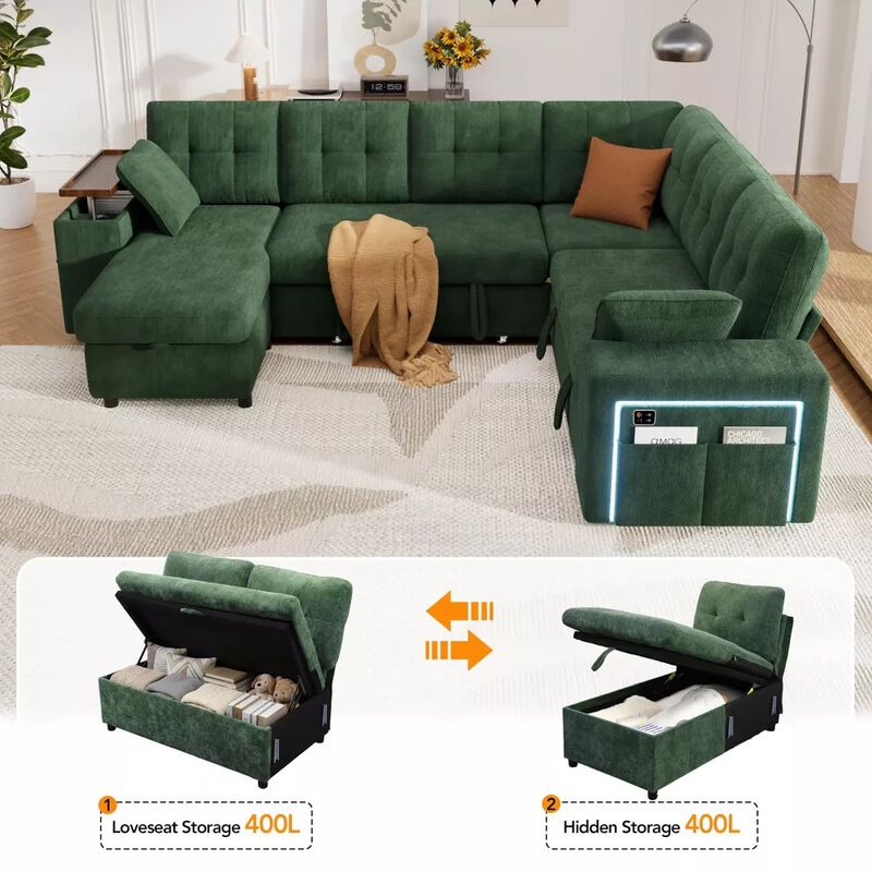 Vipbear 112" U-Shaped 7-Seat Modular Chenille Sectional Sleeper Sofa, Pull Out Bed Reclining Couch image number 5