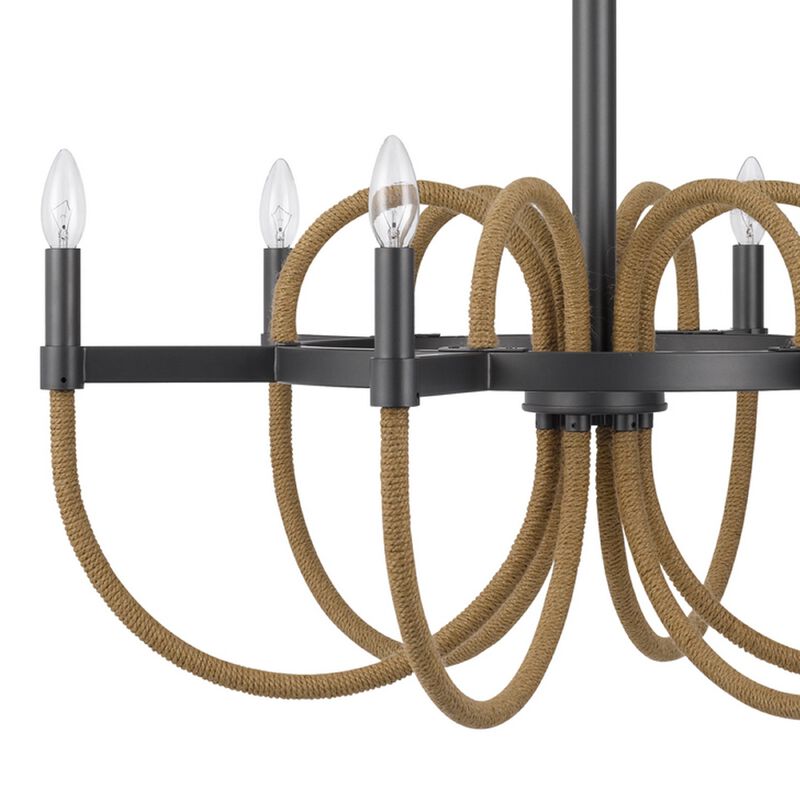 6-Light Candelabra Chandelier with Burlap Rope, Black Metal, 31 Inch image number 6