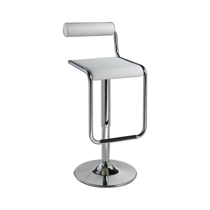 25-29 Inch Barstool Chair, Adjustable, White Faux Leather, Chrome Metal - Benzara