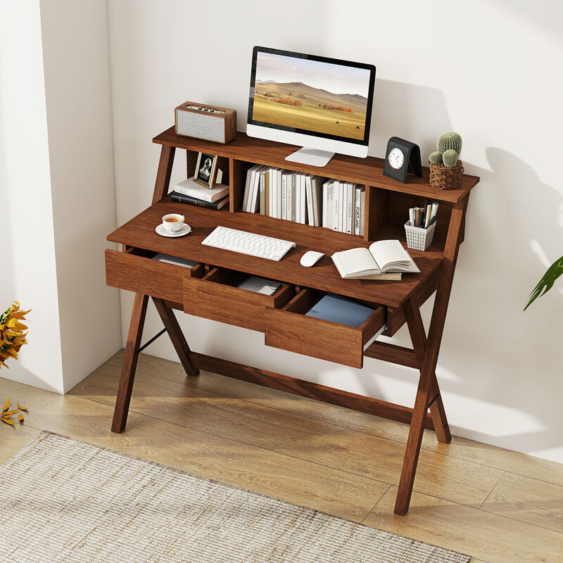 Mid-Century Desk with Monitor Stand and 3 Drawers for Home Office Organization image number 2