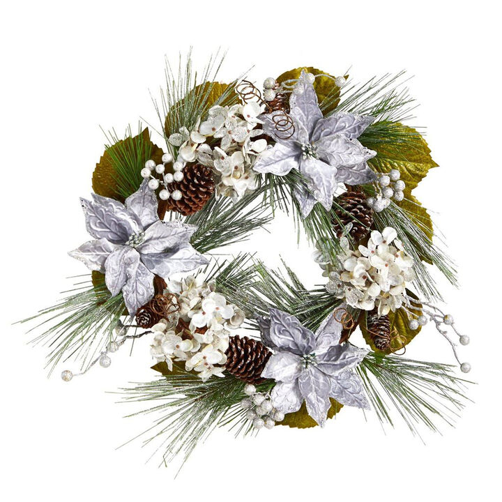 Nearly Natural 24-in Silver Poinsettia, Hydrangea and Pinecones Artificial Christmas Wreath